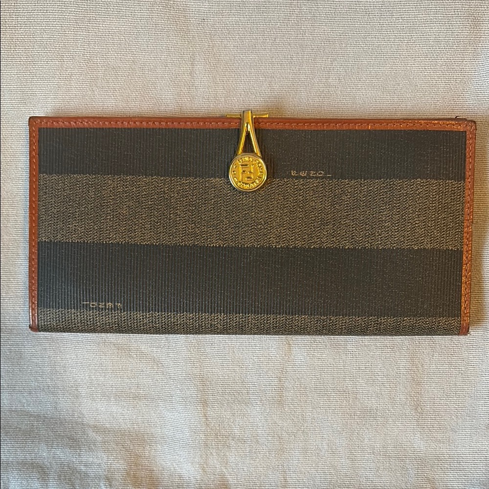 Fendi Brown and Black Striped Continental Wallet with Gold Accent
